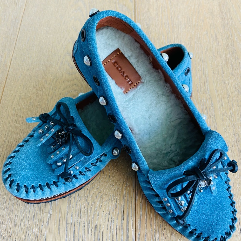 Coach Blue Suede Studded Moccasin Flats